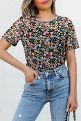 Black Sheer Mesh Floral Round Neck T Shirt with Camisole - Femstylo