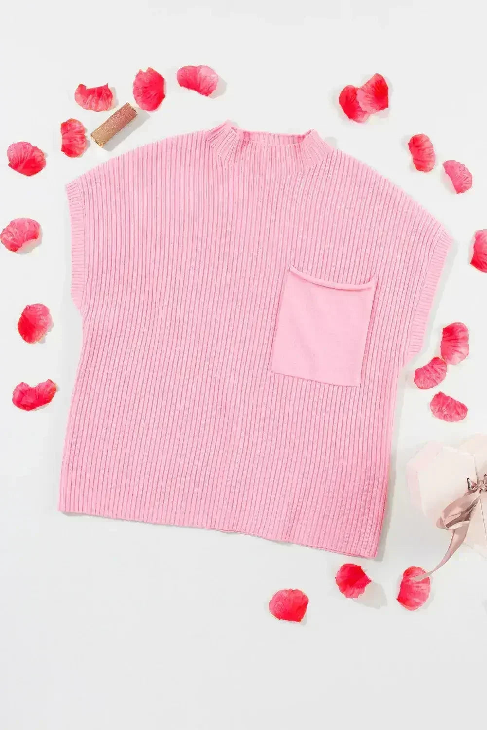 Mineral Red Patch Pocket Ribbed Knit Short Sleeve Sweater - Femstylo