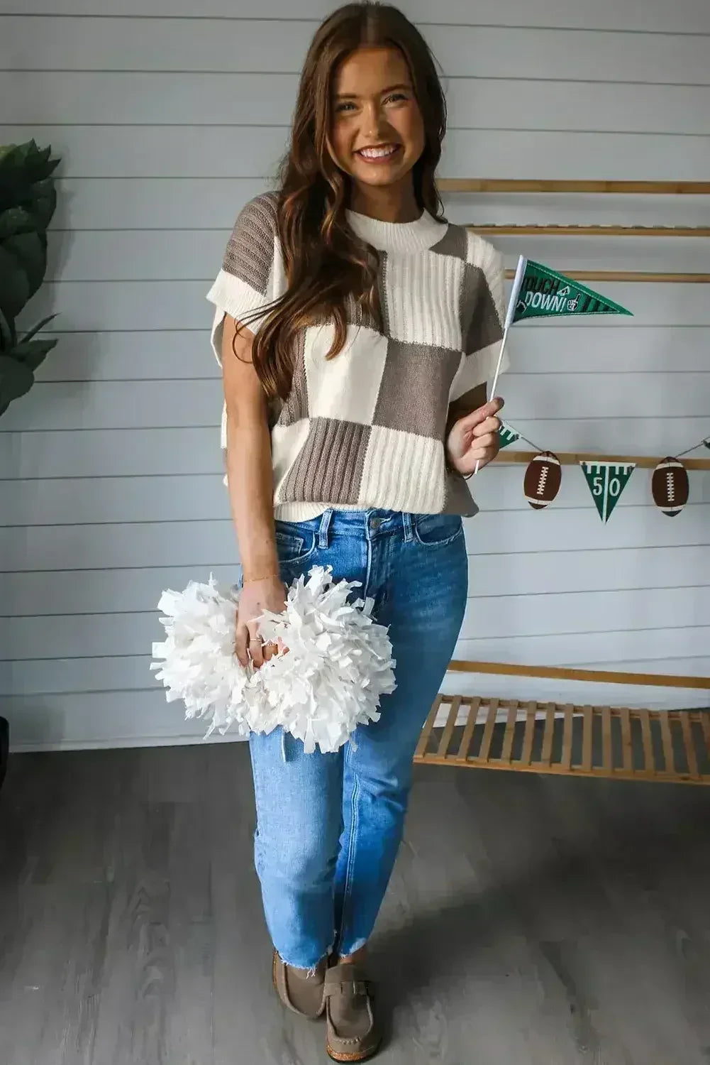 Light Blue Checkered Color Block Crew Neck Short Sleeve Sweater - Femstylo