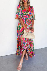Rose Tropical Plant Print Surplice V Neck Ruffle Hem Maxi Dress - Femstylo