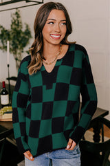 Green Checked Notched Neckline Drop Shoulder Knit Sweater