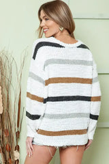 Multicolor Stripes Print Popcorn Drop Shoulder Pullover Sweater - Femstylo
