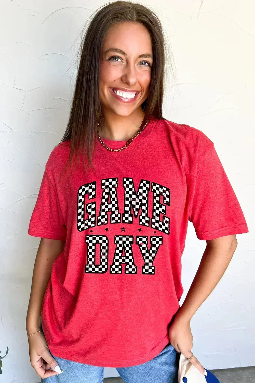 Red Checkered Game Day Graphic  Round T Shirt