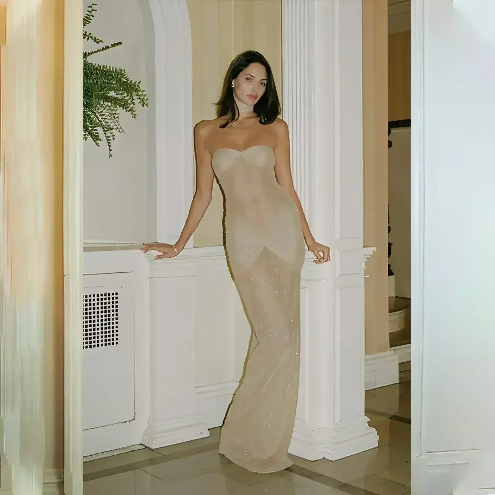 Lightly Chest-wrapped Sequins Slightly Transparent Fishtail Gown Dress - Femstylo