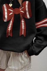 Black Varsity Baseball Bow Graphic Striped Sleeve Baggy Sweatshirt