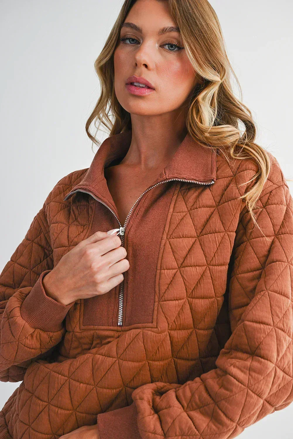 Brown Textured Zipper Neck Long Sleeve Pullover Sweatshirt - Femstylo