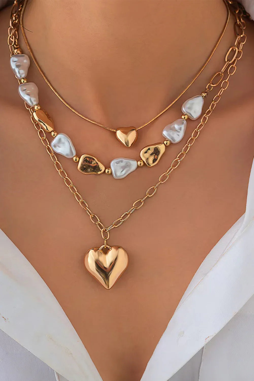 Gold Heart Pendant Pearl Chain Necklace Set – Femstylo