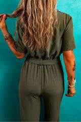 Moss Green Half Button Belted Utility Short Sleeve Jumpsuit - Femstylo