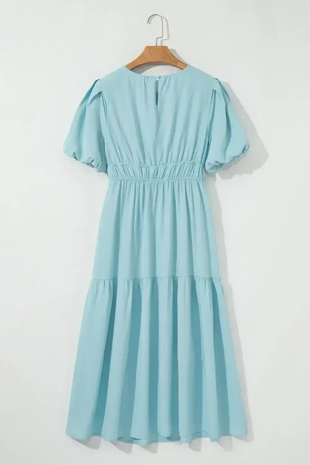 Light Blue Puff Sleeve High Waist Flowy Midi Dress - Femstylo