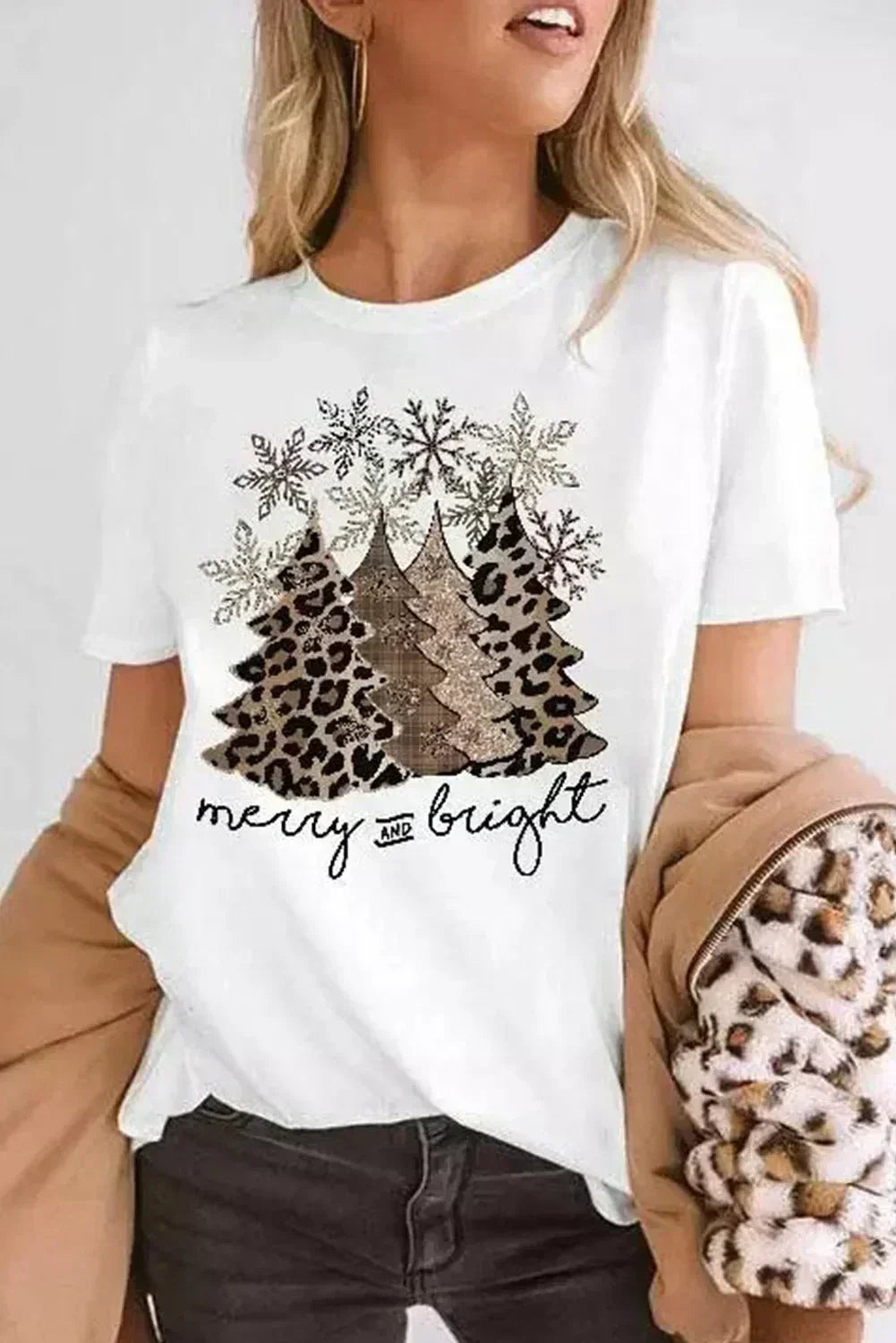 White Leopard Christmas Tree Graphic Tee – Festive & Fierce Crewneck