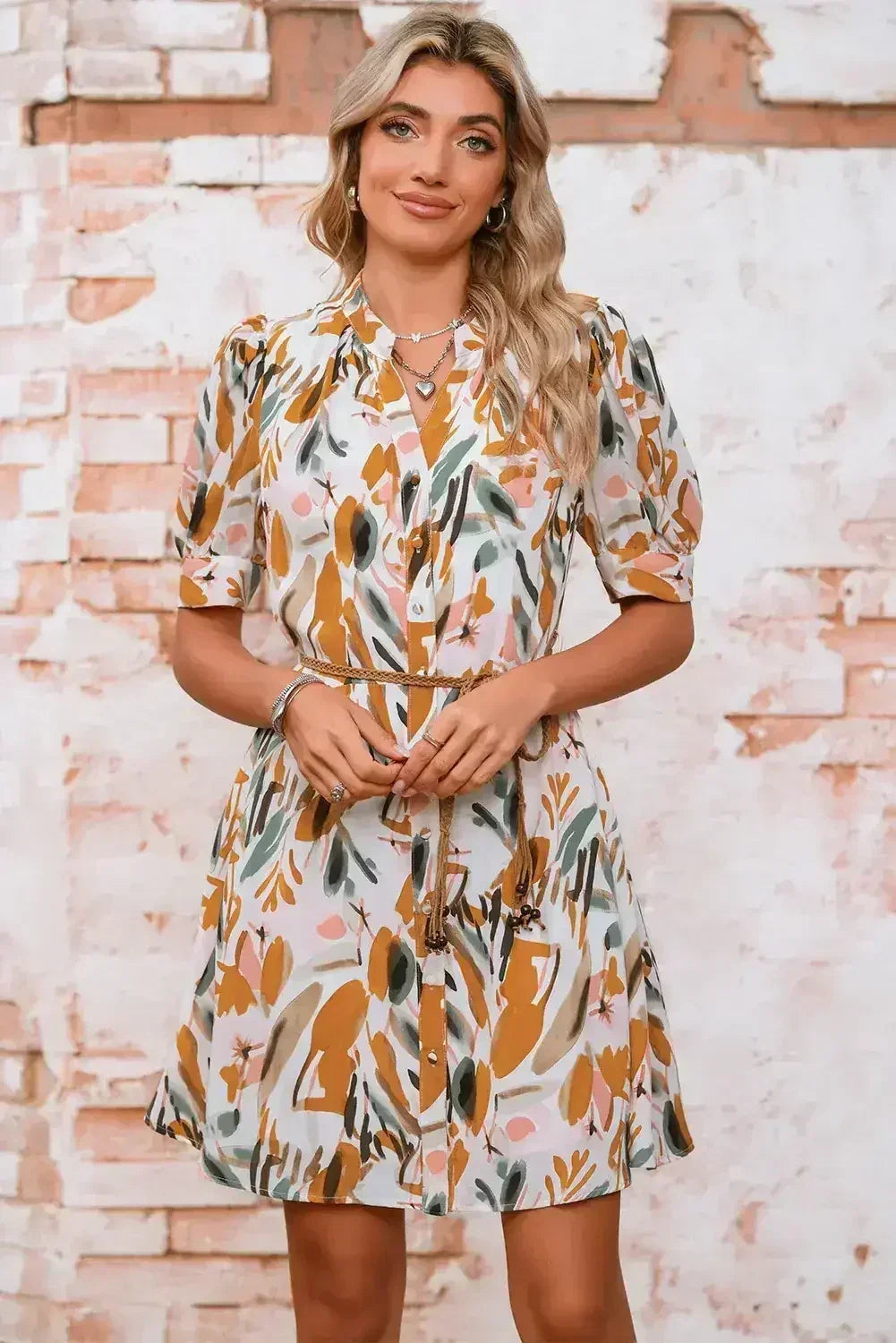 Brown Abstract Puff Sleeve Button Up Braided Belt Mini Dress - Femstylo