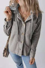 Black Hooded Drawstring Pockets Corduroy Shacket - Femstylo