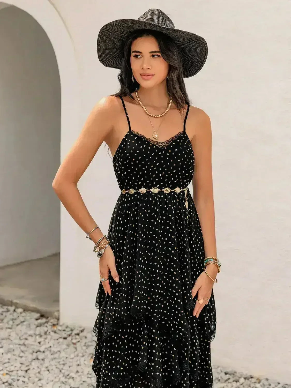 Lace Detail Layered Printed Midi Cami Dress - Femstylo
