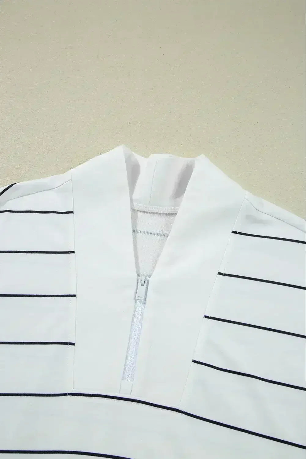 White Striped Zipper V-Neck Drop Sleeve Top - Femstylo