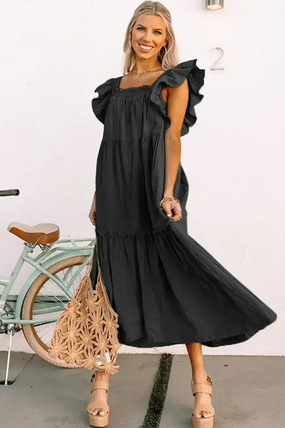 Purple Ruffled Flutter Sleeve Square Neck Textured Tiered Maxi Dress - Femstylo