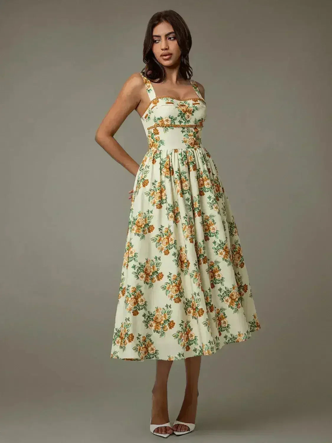 Lace Trim Floral Sleeveless Midi Dress - Femstylo