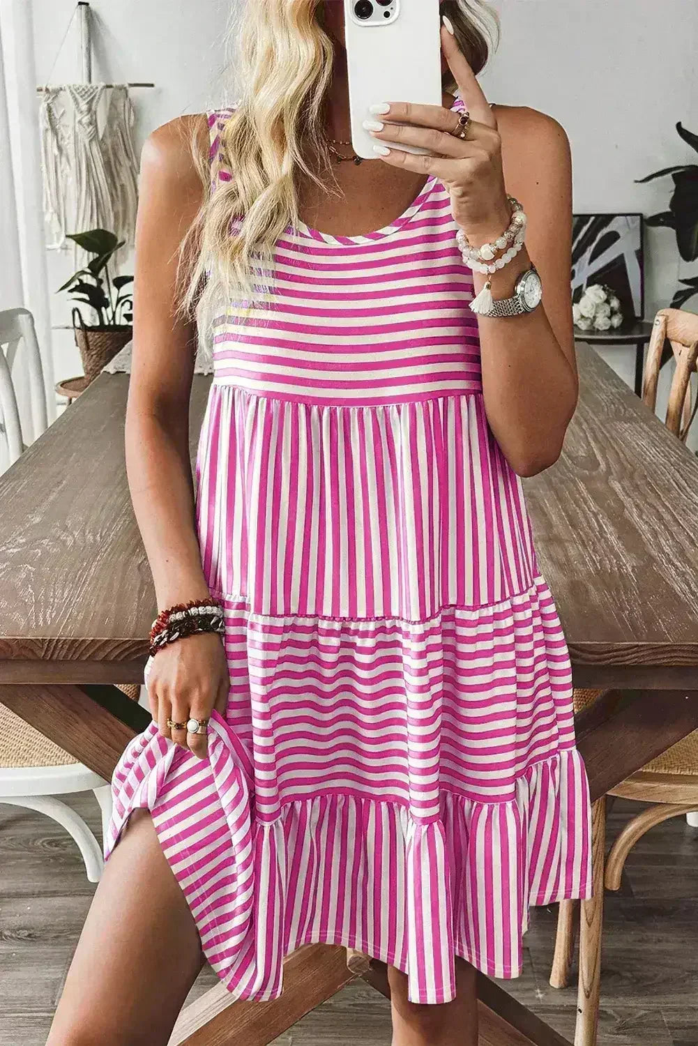 Black Stripe U Neck Sleeveless Loose Fit Mini Dress - Femstylo