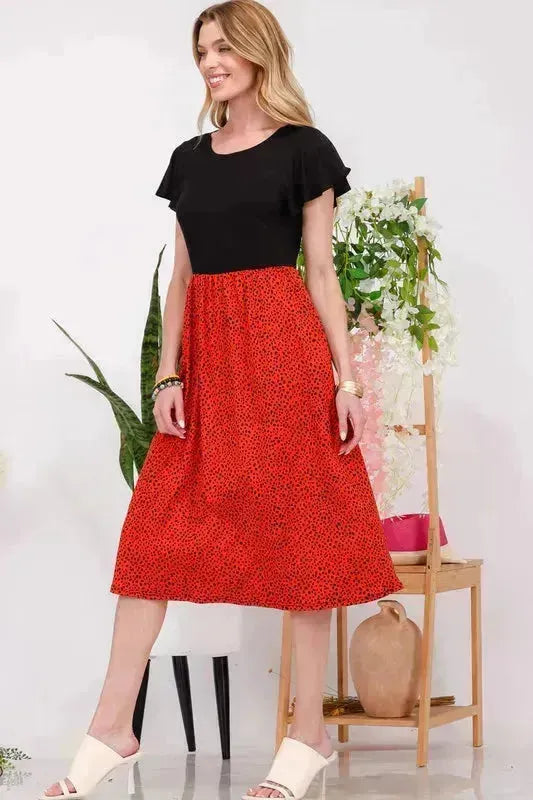 Celeste Full Size Two Tone Animal Print Flutter Sleeve Midi Dress Plus
