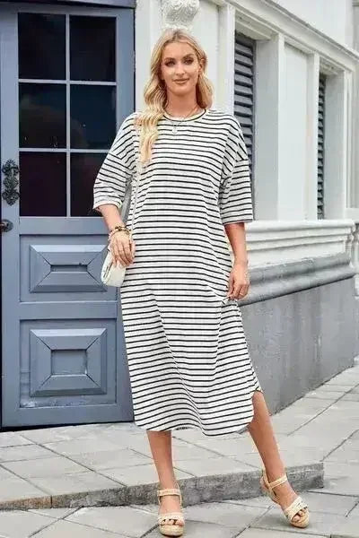 Lovelet Contrast Striped Half Sleeve Midi Tee Dress - Femstylo