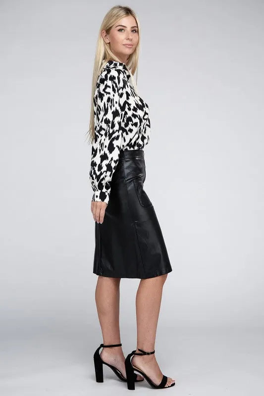 Button Front PU Skirt – High Waist Midi with Pockets