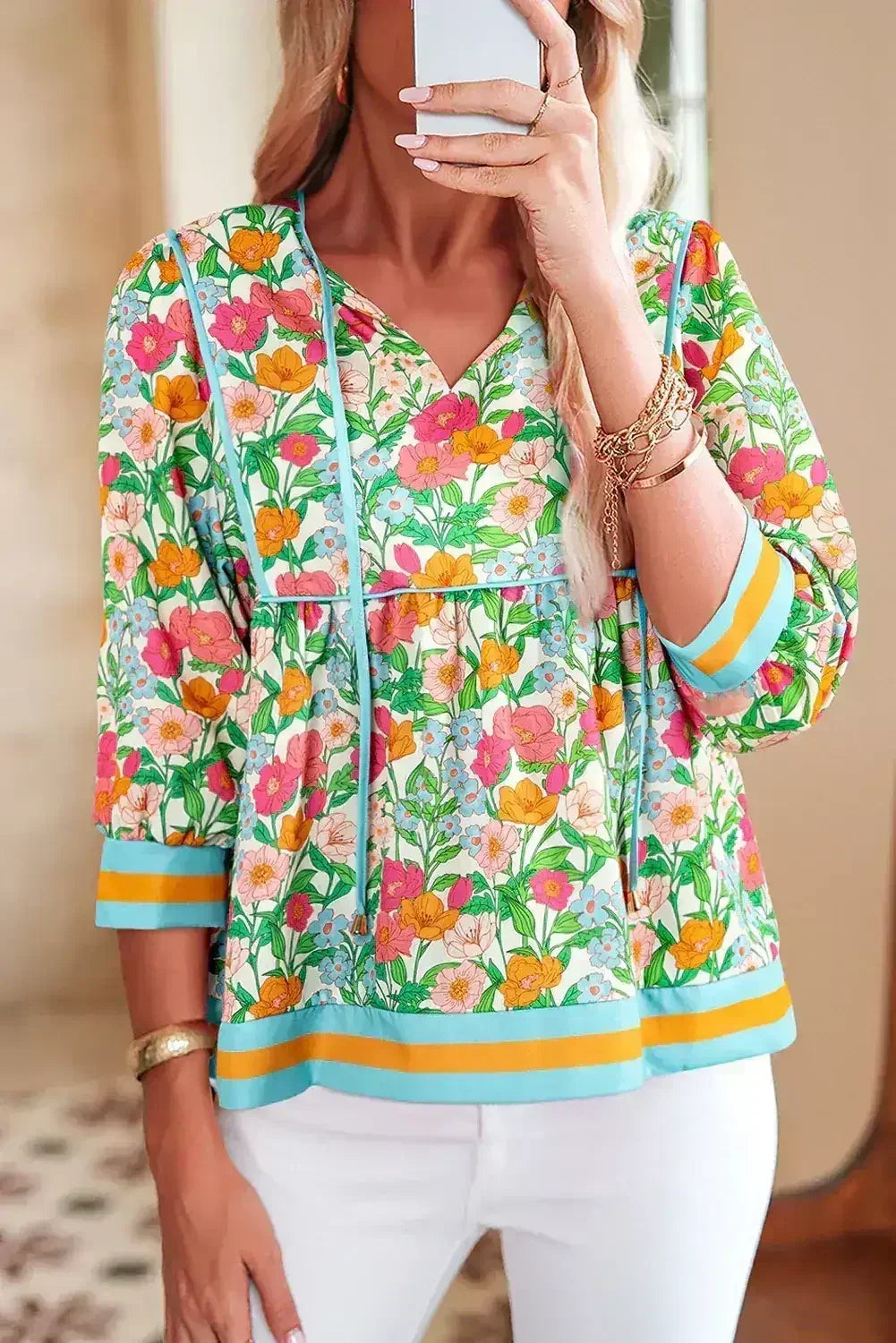 Green Floral Print Striped Trim Puff Sleeve Babydoll Blouse - Femstylo
