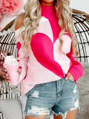 Valentine's Day Heart Turtleneck Cold Shoulder Sweater - Femstylo