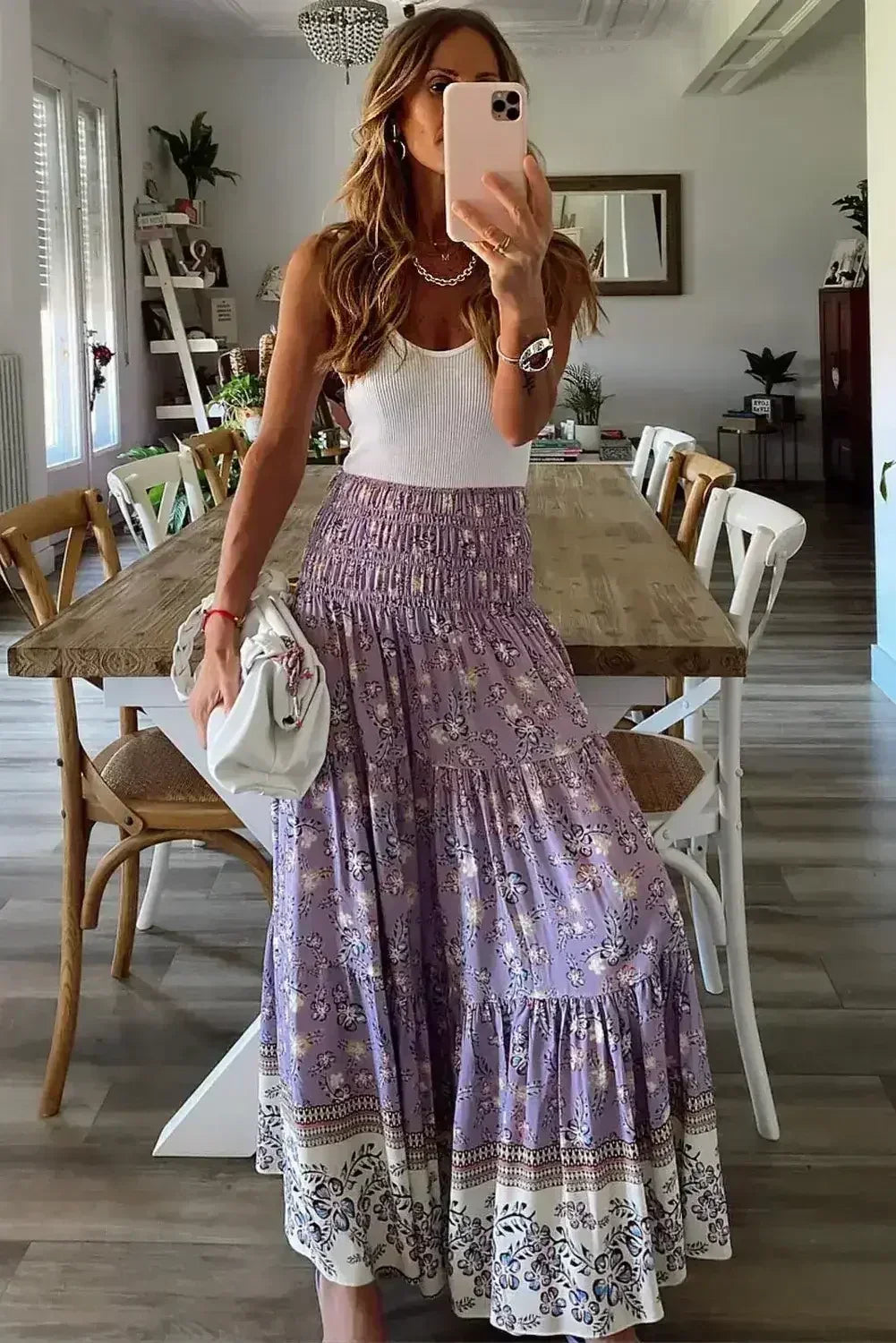 Purple Floral Print Shirred High Waist Maxi Skirt - Femstylo