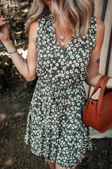 Green Boho Floral Print V Neck Knot Waist Sleeveless Dress - Femstylo