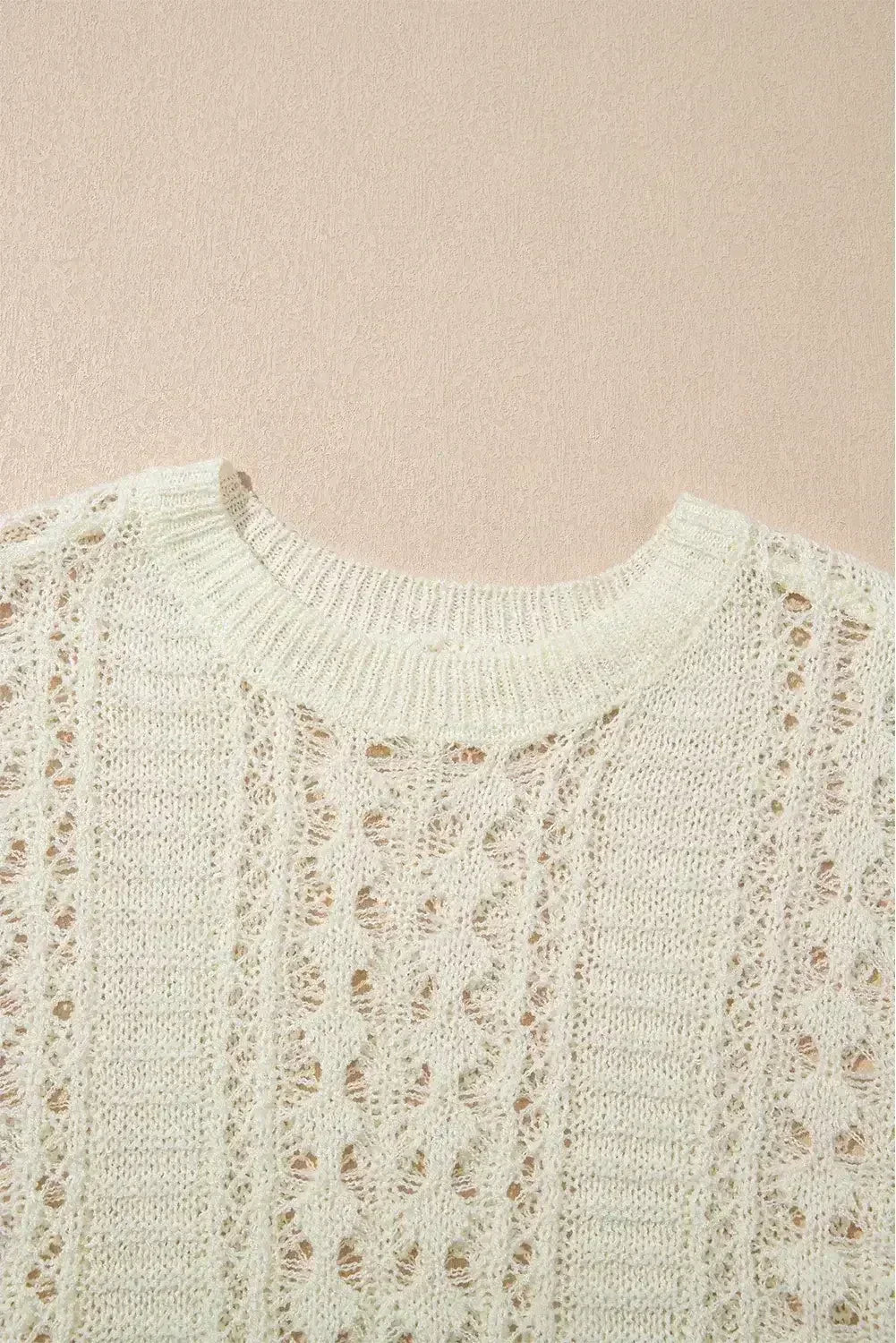 White Hollow Out Knit Bracelet Sleeve Drop Shoulder Sweater - Femstylo