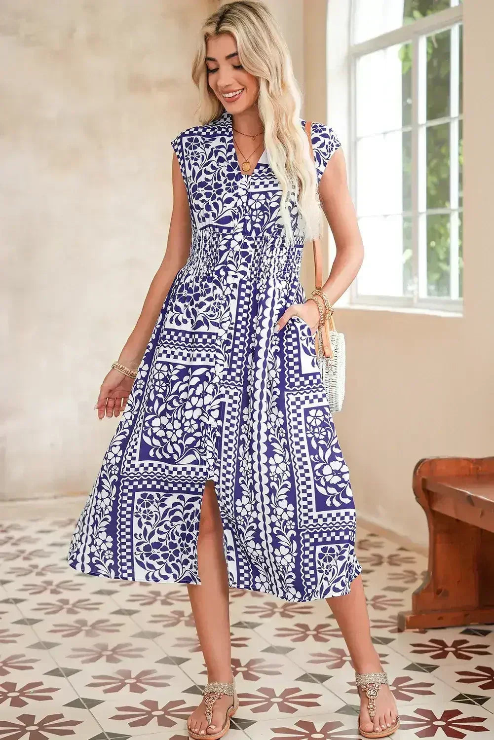 Dirty Blue Floral Print Smocked Waist Sleeveless Dress - Femstylo