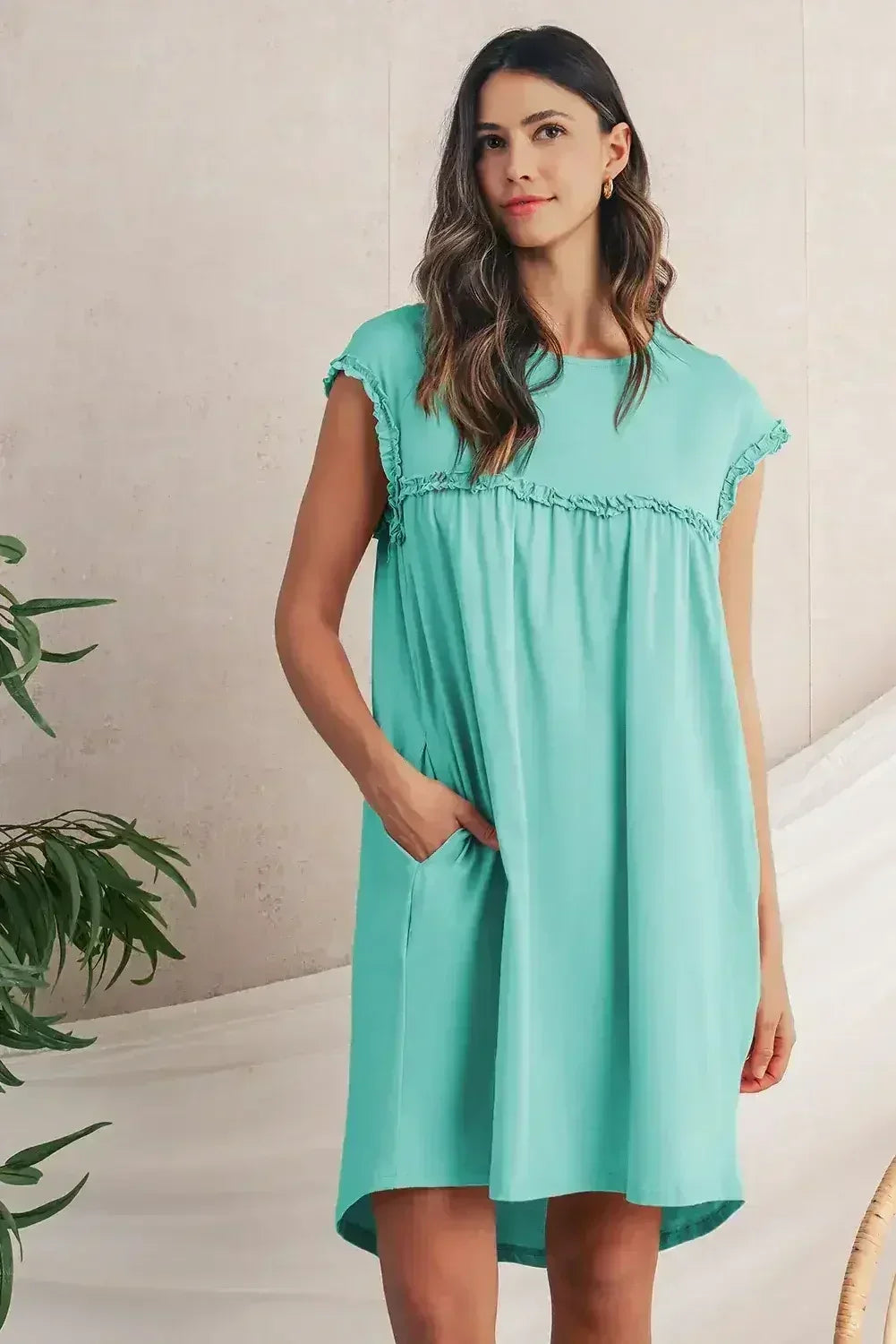 Oatmeal Frilled Trim Crewneck Loose Fit Mini Dress - Femstylo