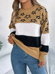 Star Contrast Round Neck Sweater - Femstylo