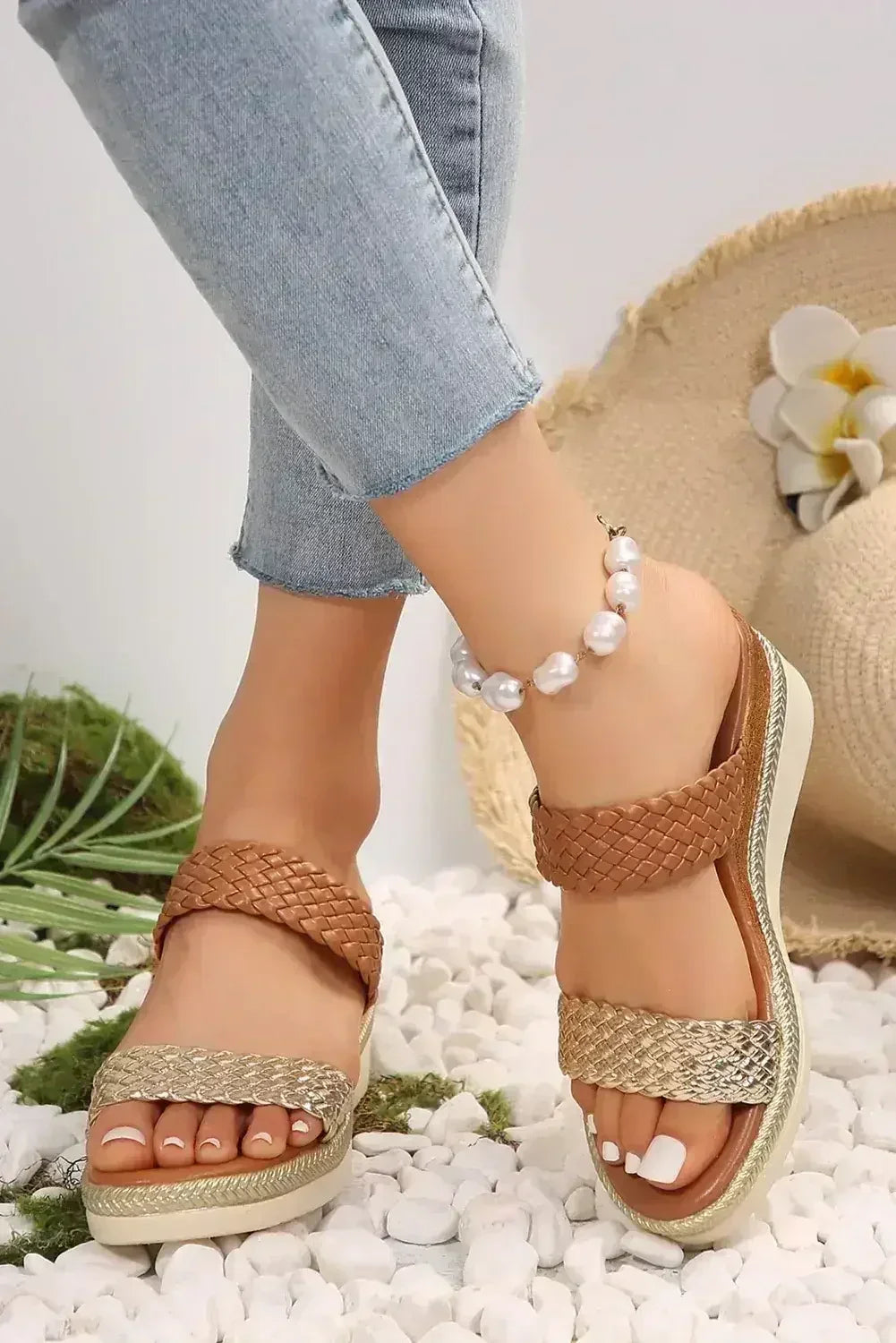Gold Woven Two Band Color Block Wedge Slippers - Femstylo