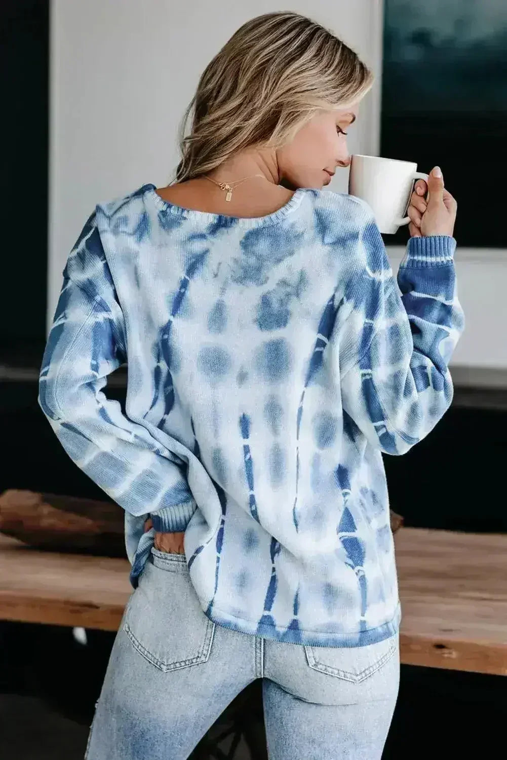 Blue White Tie-dye Print Knit Sweater - Femstylo