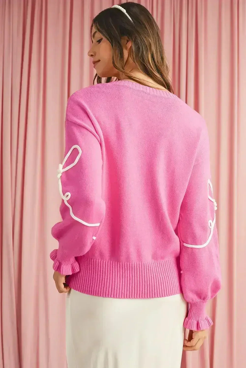 Bright Pink Sweet Bow Pattern Drop Sleeve Knit Sweater - Femstylo