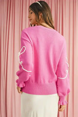 Bright Pink Sweet Bow Pattern Drop Sleeve Knit Sweater - Femstylo