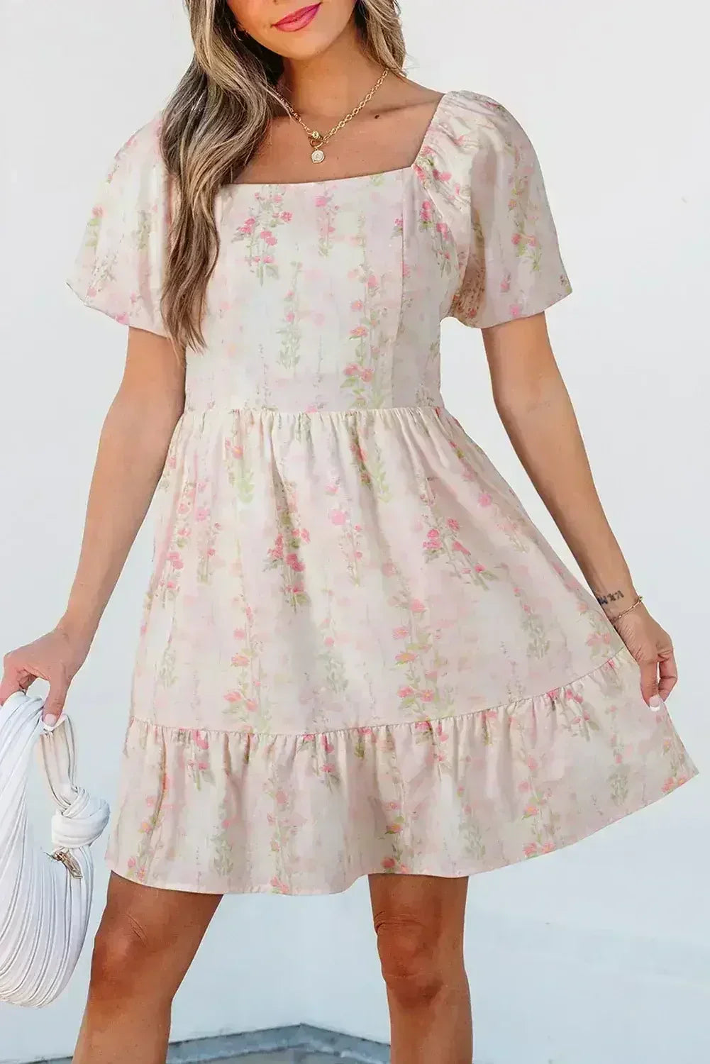 Pink Floral Puff Sleeve Square Neck Knotted Backless Ruffle Mini Dress - Femstylo
