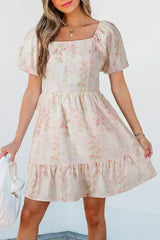 Pink Floral Puff Sleeve Square Neck Knotted Backless Ruffle Mini Dress - Femstylo