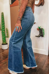 Sail Blue High Waist Button Raw Hem Jeans - Femstylo