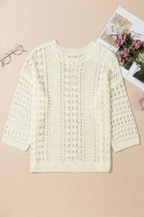 White Hollow Out Knit Bracelet Sleeve Drop Shoulder Sweater - Femstylo