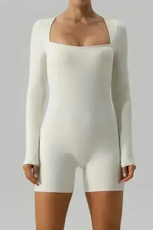 Square Neck Long Sleeve Active Romper - Femstylo