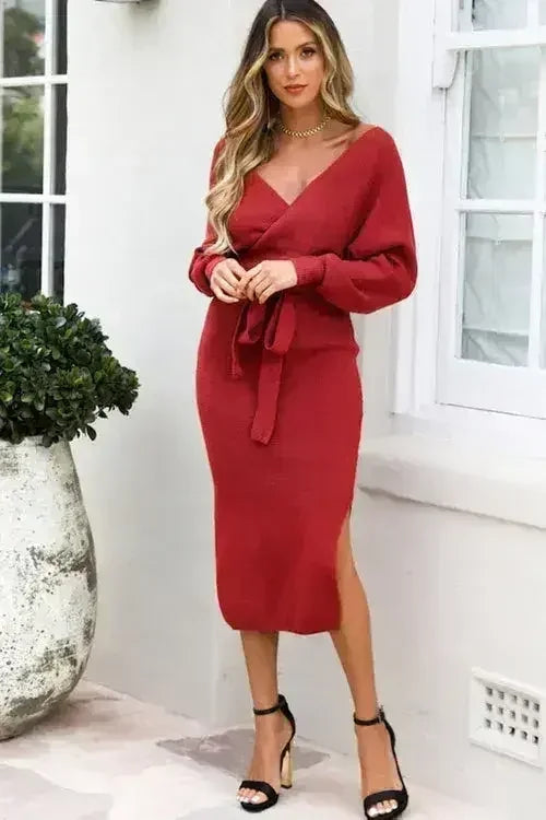 Surplice Neck Bow Waist Slit Sweater Dress - Femstylo