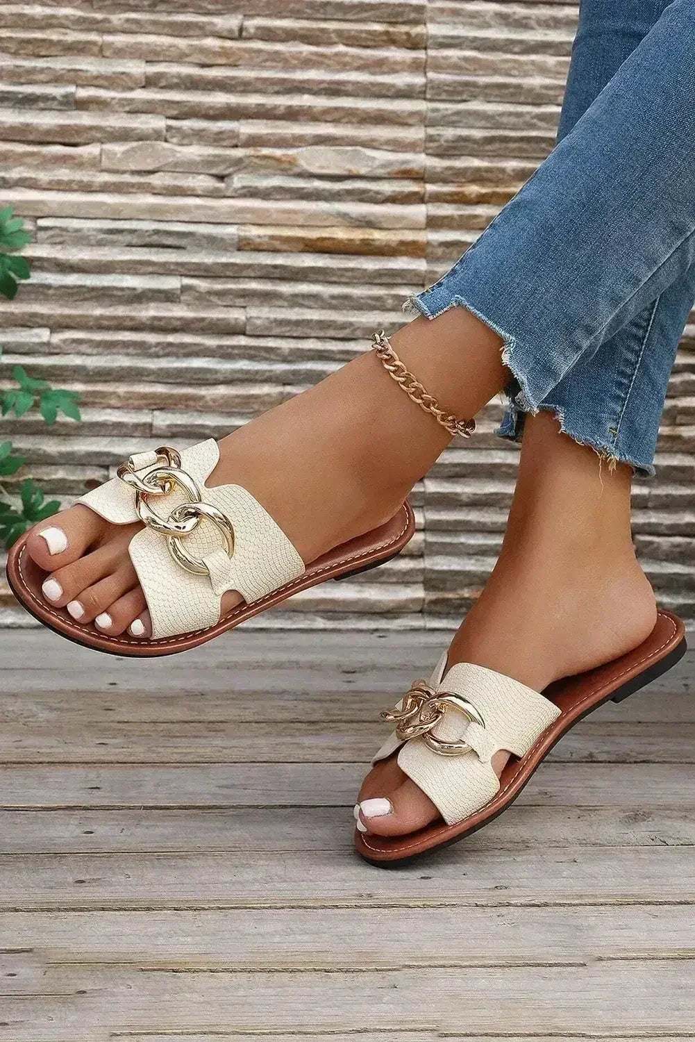 White Metal Buckle One Strap Flat Casual Slippers - Femstylo