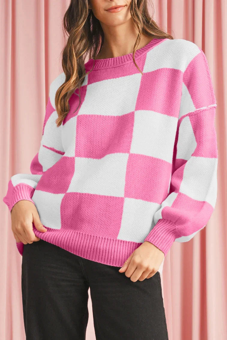 Dark Brown Plaid Bishop Sleeve Pullover Sweater