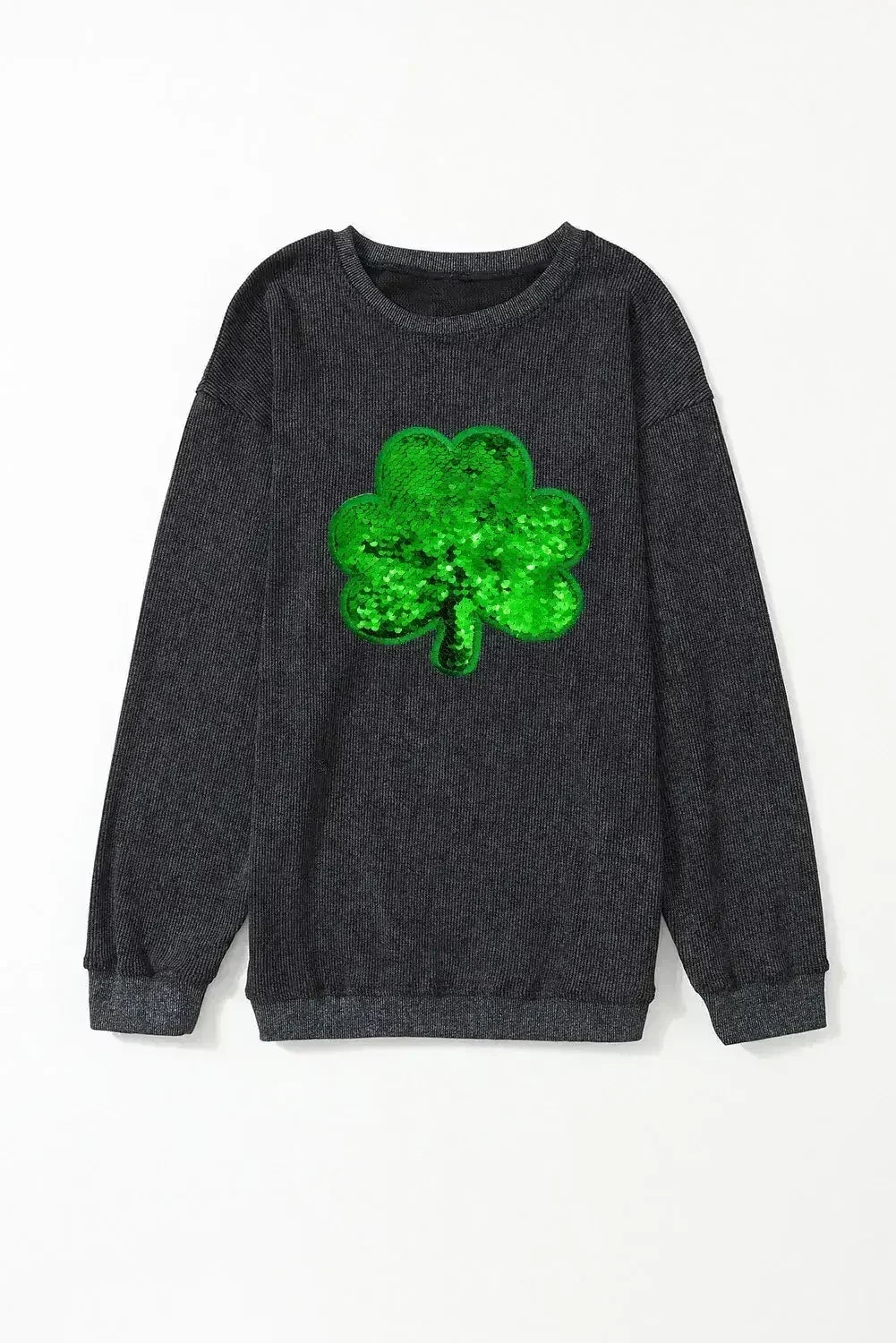 Black Sequin Embroidered Clover Corded Graphic Sweatshirt - Femstylo