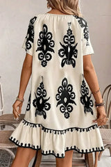 Apricot Ethnic Print Ruffle Hem Loose Mini Dress - Femstylo