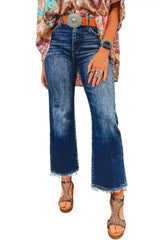 Sail Blue Mineral Wash Raw Hem High Waist Flared Jeans - Femstylo