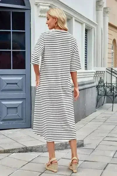 Lovelet Contrast Striped Half Sleeve Midi Tee Dress - Femstylo