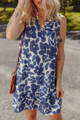 Blue Floral Sleeveless Notched V Neck Mini Dress - Femstylo