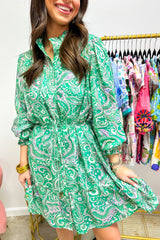 Green Paisley Print Long Sleeve Button Front Tied Waist Mini Dress